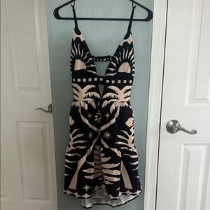 Black and Cream Patterned Spaghetti-Strap Dress